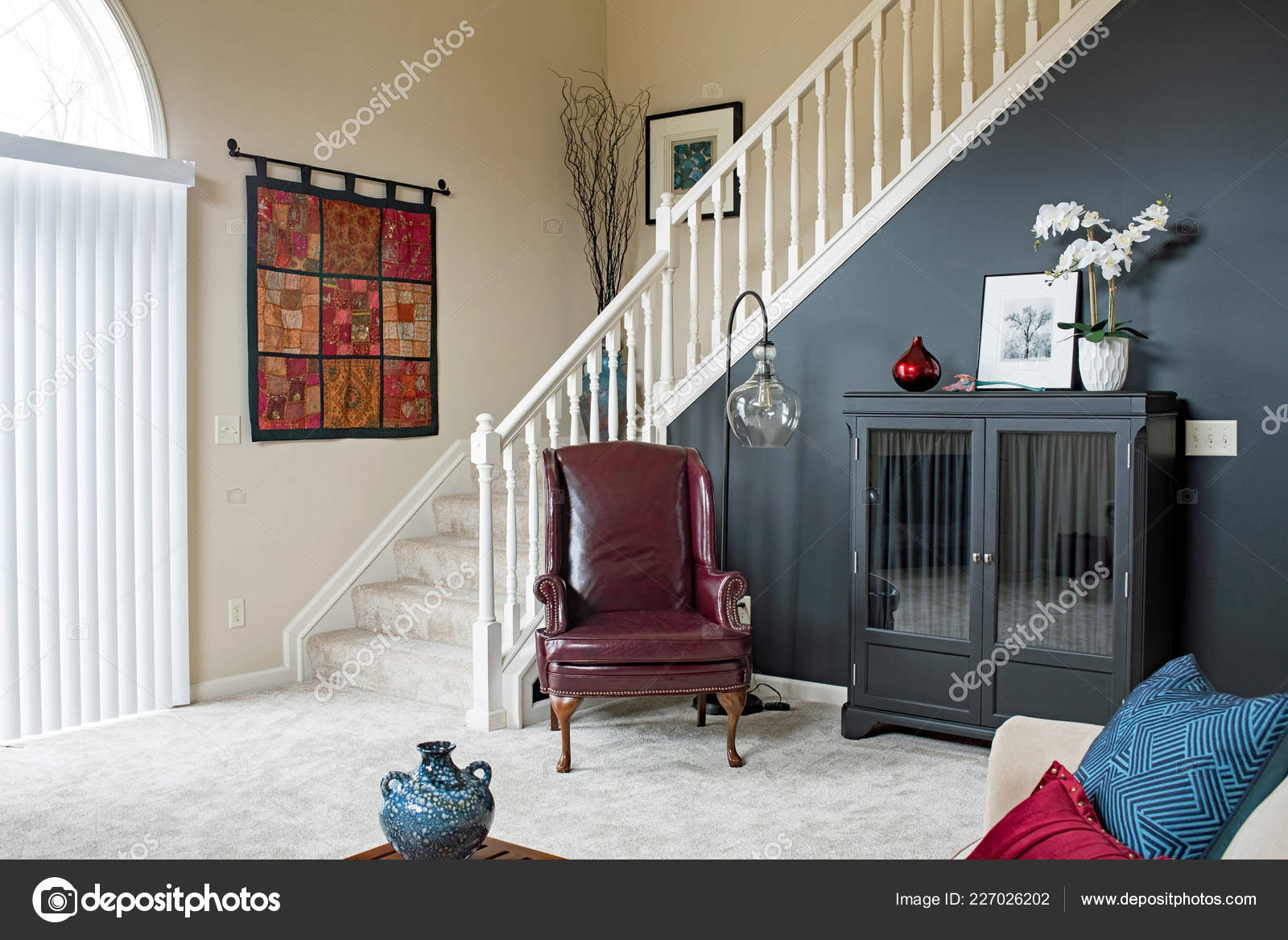 Living Room Staircase Black Accent Wall Stock Photo