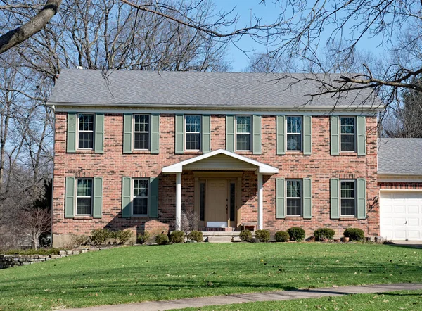 Red Brick Federal Style House Teal Shutters — Stock Photo, Image