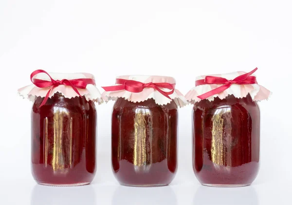 Three Pint Jars Homemade Plum Jam — Stock Photo, Image