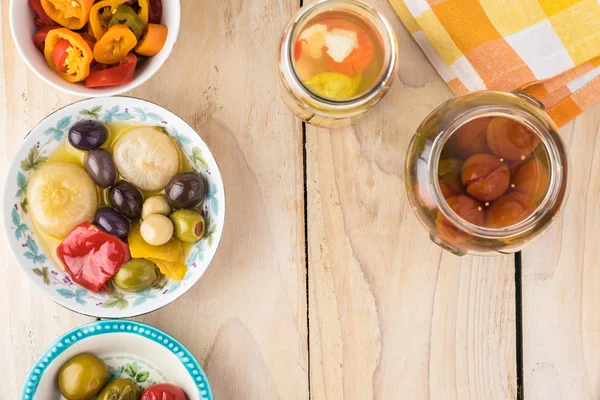 Top View Bowls Variety Pickled Vegetables Table Copy Space — Stock Photo, Image