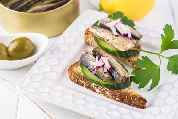 Close Plate Homemade Sandwiches Smocked Sprats — Stock Photo, Image