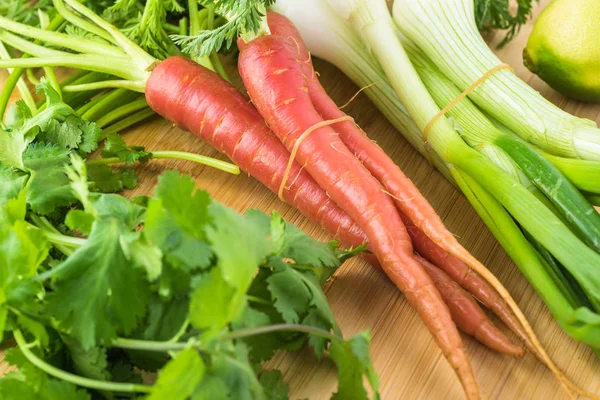 Ροζ φρέσκα βιολογικά καρότα, φρέσκο κρεμμυδάκι, κόλιανδρο. — Φωτογραφία Αρχείου