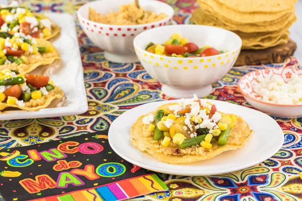 Comida mexicana. Tostadas de maíz vegetariano con puré de calabaza . — Foto de Stock