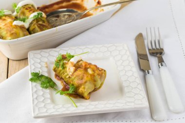 Ev yapımı lahana yaprağı tavuk enchiladas.