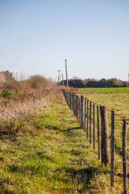 Temiz bir gökyüzünün altındaki tarlaları ayıran ahşap çit hattı..
