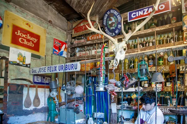 Eski tabelaları, şişeleri ve geyik kafatası olan kırsal, antika bir mağazanın içi darmadağınık.