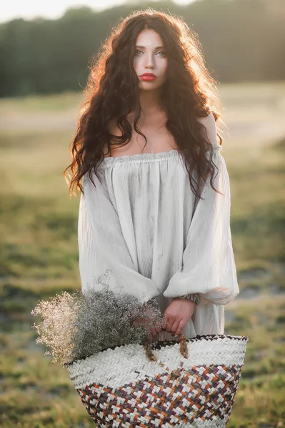 Beautiful Curly Girl Loose Clothes Nature Sunset Background — Stock Photo, Image