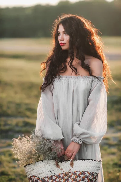 Beautiful Curly Girl Loose Clothes Nature Sunset Background — Stock Photo, Image