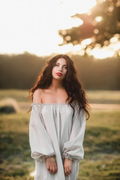 Beautiful Curly Girl Loose Clothes Nature Sunset Background — Stock Photo, Image