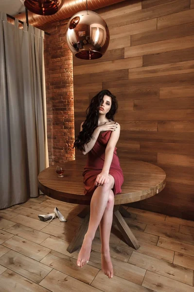 Sexy Brunette Dinner Table Girl Dress Wooden Table — Stock Photo, Image