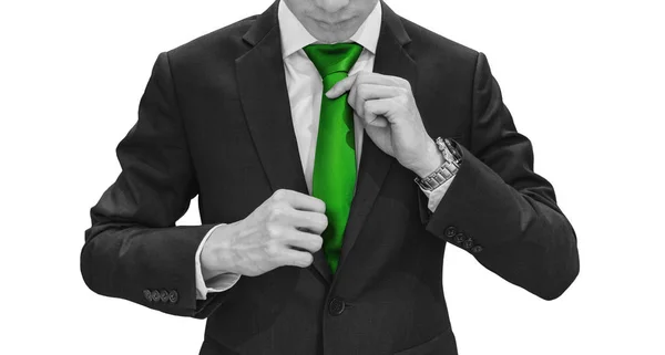 Бізнесмен Зеленому Костюмі Зав Язує Зелену Краватку Екологія Сільське Господарство — стокове фото