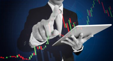 İşadamı grafik Diyagramı işaret parmağında. İş büyüme, yatırım ve finans kavramı