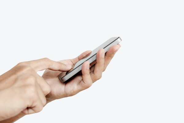 Hands using mobile smart phone, isolated on white background