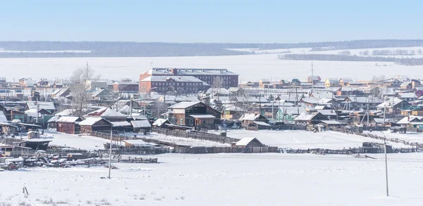 Kis Falu Télen Sziget Befagyott Bajkál Szibéria Oroszország — Stock Fotó