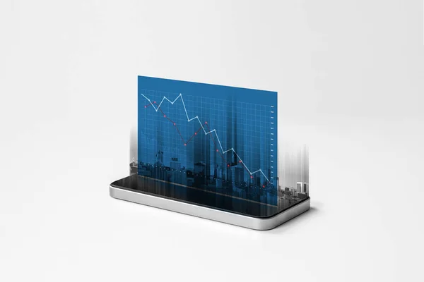 Mozgatható Szúró Telefon Üzleti Csökkenő Grafikon Hologram Képernyő — Stock Fotó