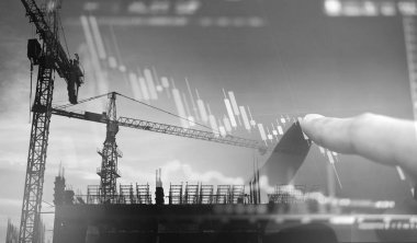 Yatırım Emlak iş. Çift Pozlama, grafik azalan ve bina inşaat işaret parmak