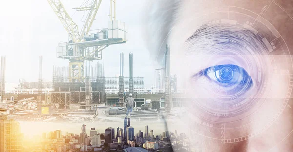 Çift Pozlama, fütüristik teknoloji ve binalar İnşaat ve cityscape göz. Yapay zeka teknolojisi