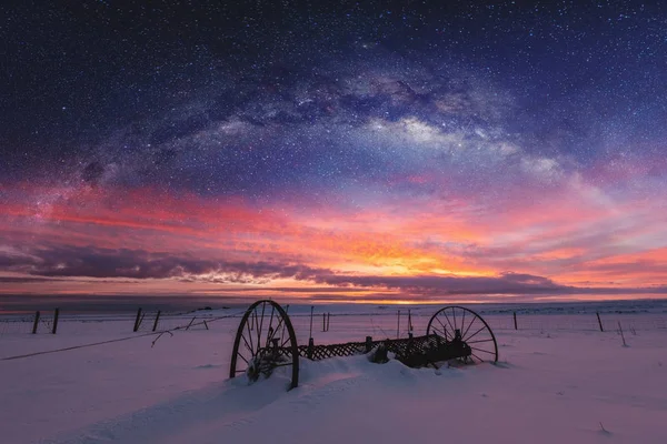 Sunrise Panoramik Kış Manzara Çift Pozlama Gece Gökyüzü Manzarası Ile — Stok fotoğraf