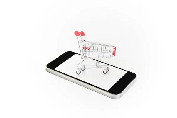 Empty Shopping Cart Mobile Smart Phone Isolated White Background Online — Stock Photo, Image