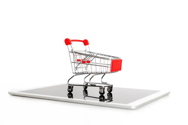 Carrito Compras Vacío Tableta Digital Aislado Sobre Fondo Blanco Compras — Foto de Stock