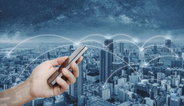 Şehirde mobil akıllı telefon ve ağ bağlantı teknolojisi kullanarak ele. İş ağı ve Internet bağlantısı