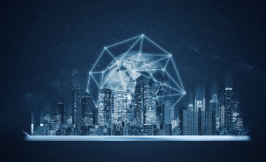 Bina hologram ve küresel ağ bağlantı teknolojisi ile dijital tablet. Bu görüntü unsuru Nasa tarafından döşenmiş