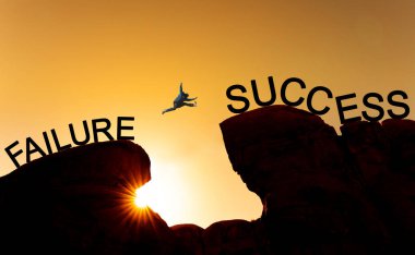 Silhouette a man jumping over precipice from failure to success.Business success, challenge, achievement and leadership concept clipart