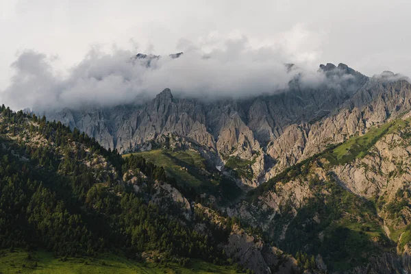 Montañas Paisaje Con Bosque Verde Nubes Cima Montaña Por Mañana — Foto de Stock
