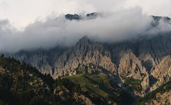 緑の森と朝の山の上に雲と山の風景 — ストック写真