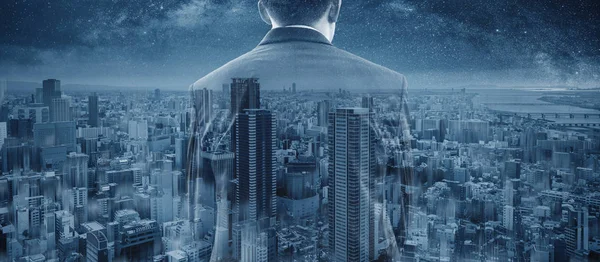 Double Exposure Businessman Panoramic Osaka City Skyscraper Japan — Stock Photo, Image