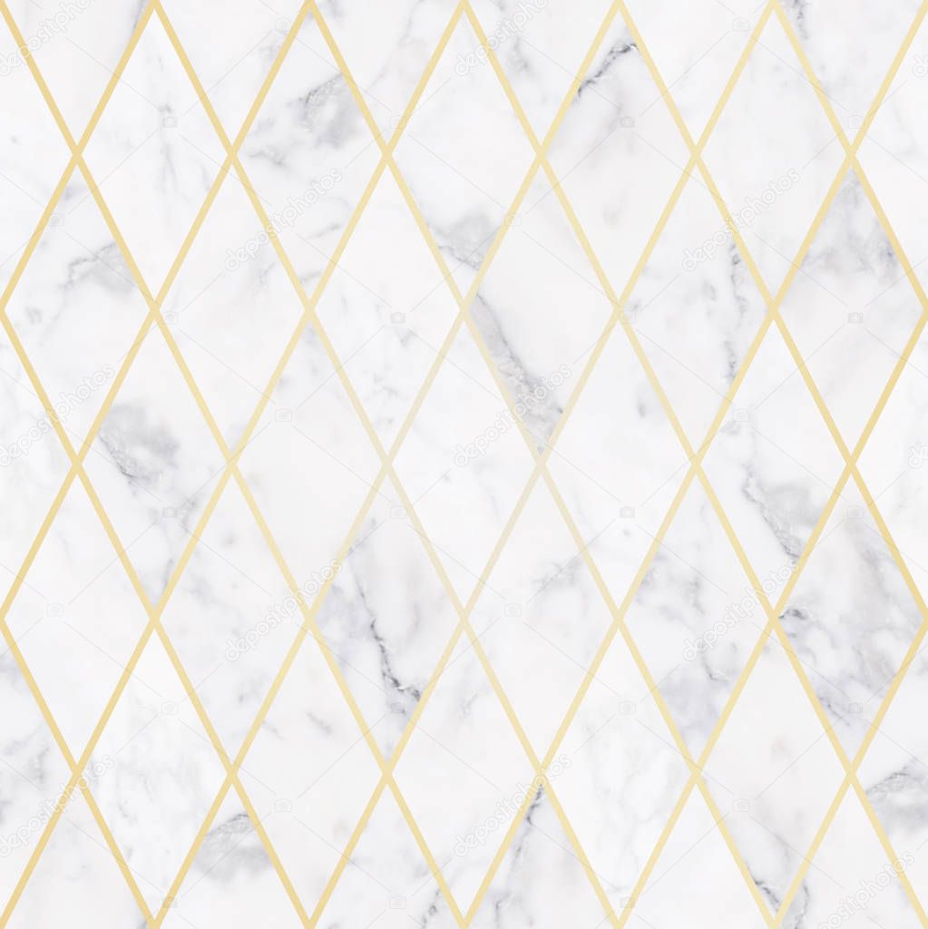 Seamless luxury white marble stone texture, with golden rhombus pattern