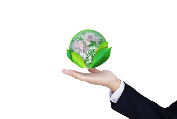 Earth day, Protect the world with environment and Eco-friendly business. Businessman hand holding globe with leaves, isolated on white background. Element of this image are furnished by NASA