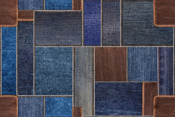 Deri dokusu ile Dikişsiz mavi denim kot Patchwork. Dikişsiz desen doku arka plan