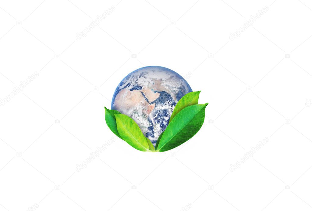 World Earth Day, Environmental Abstract sign symbol. The world wrapped by green leaves, isolated on white background. Element of this image are furnished by NASA