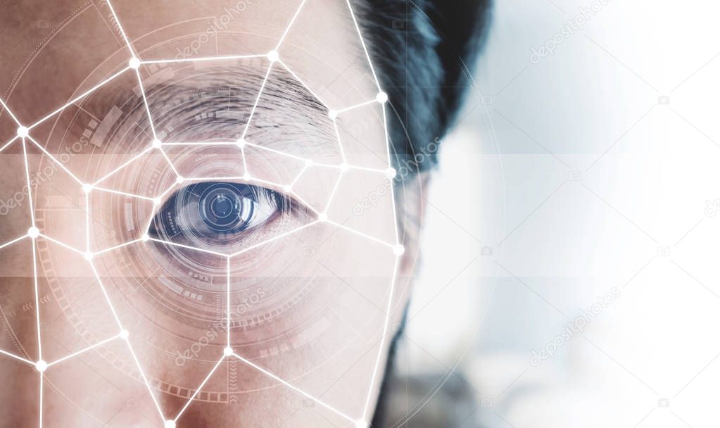 Facial Recognition, Security System Technology. Close-up a man face with futuristic scanning technology on human face