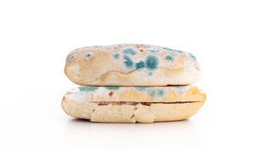 Beyaz arka planda izole mantar ile eski süresi dolmuş ekmek sandviç