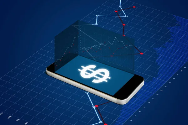 Mobile smart phone with currency sign on screen, and business financial graph. Digital currency, online banking, online stock market and e-commerce