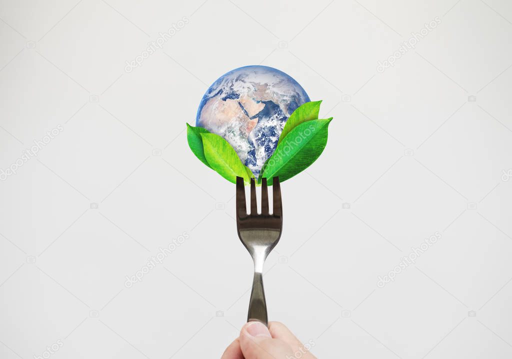 Green food, environmental concept. Hand holding fork with leaves and globe. Element of this image are furnished by NASA