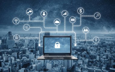 İnternet ve çevrimiçi ağ güvenlik sistemi. Ekranda kilit simgesi ve uygulama programlama arabirim simgeleri ile Dizüstü bilgisayar