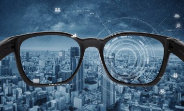 Smart glasses, VR virtual reality, and AR augmented reality technology. Smart glasses with futuristic technology graphics and modern city background clipart