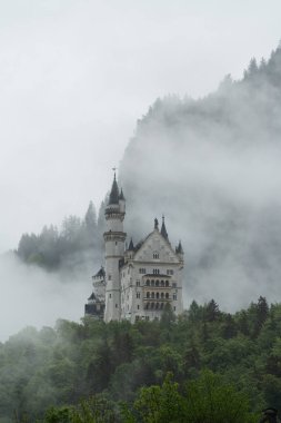 Neuschwanstein Kalesi gizemli ve sisli çevre, fussen ünlü yer ve seyahat hedef, Almanya