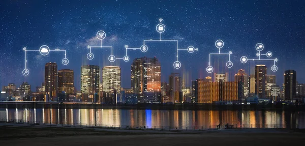 Smart city, internet wireless and networking in the city. Modern city at night with internet network and online media application icons
