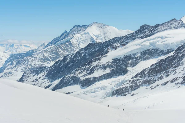 スイスアルプス山脈の風景は冬の雪に満ち 旅行者のグループが頂上にトレッキング — ストック写真