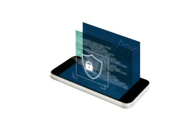 Cep telefonu güvenliği ve dijital veri güvenliği sistemi. Artırılmış gerçeklik güvenlik kilidi ekranlı cep telefonu, beyaz arka plan
