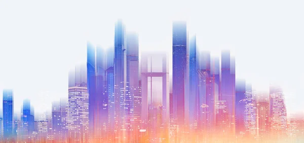 Beyaz arka plan üzerinde, parlak ve parlak renkli ışık ile fütüristik modern bina