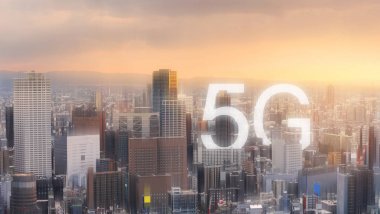 5G wireless internet technology in the city. Panoramic city skyline in sunset, with 5G internet networking clipart