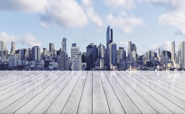 Boş beyaz ahşap zeminile panoramik şehir manzarası