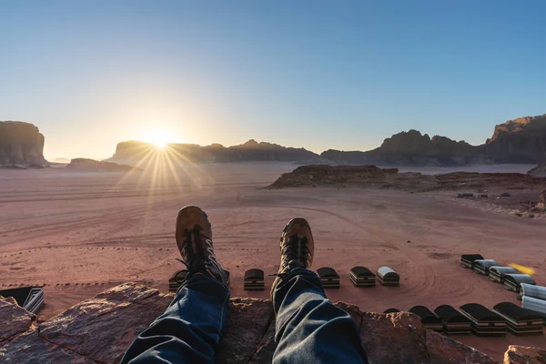 Voyager Wadi Rum Désert Jordanie Avec Coucher Soleil Paysager — Photo