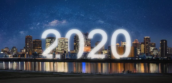 Nieuwjaar 2020 Stad Panoramische Stad Nachts Nieuw Jaar 2020 Viering — Stockfoto