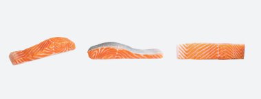 Çiğ taze somon filetosu, beyaz arka planda izole edilmiş.